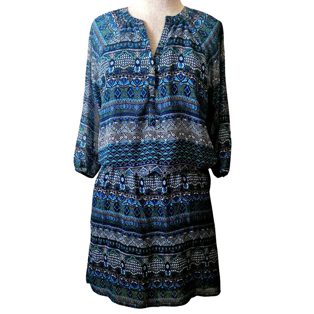 Blue Geometric Print Blouson Mini Dress Size 4